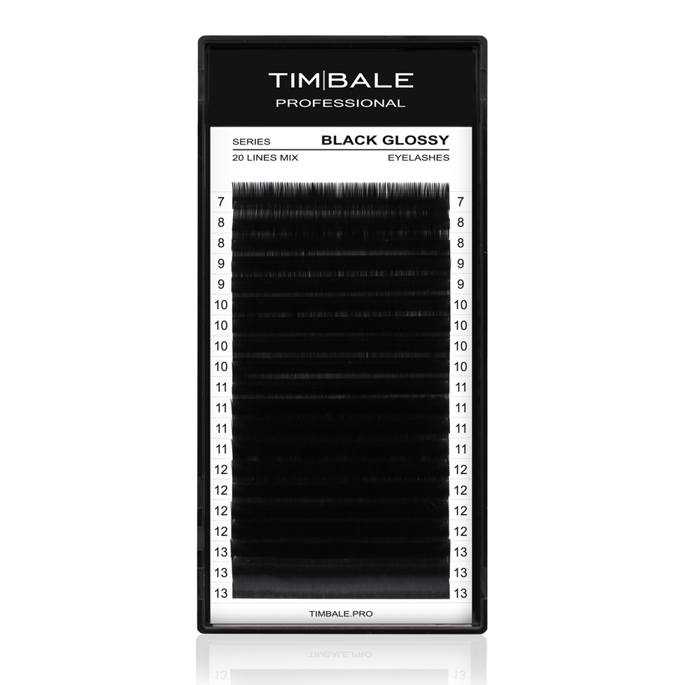 Ресницы чёрные TimBale Black Glossy, 20 линий, MIX, D 0.10 07-13 мм, УЦЕНКА